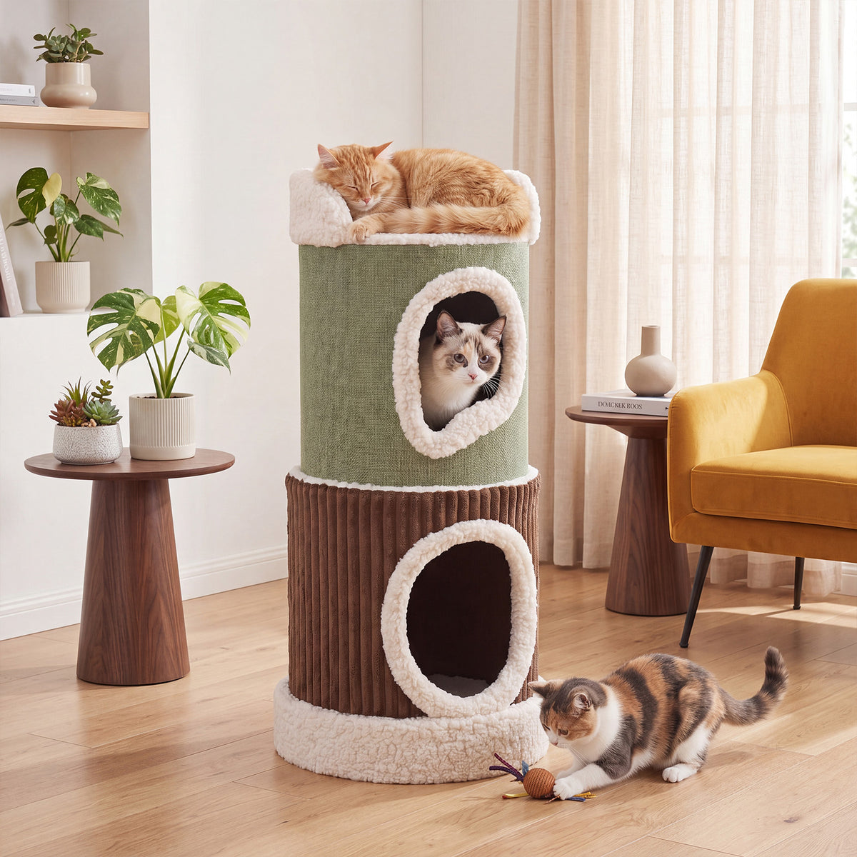 The barrel cat house with two levels, one green and one brown, with cats inside and on top