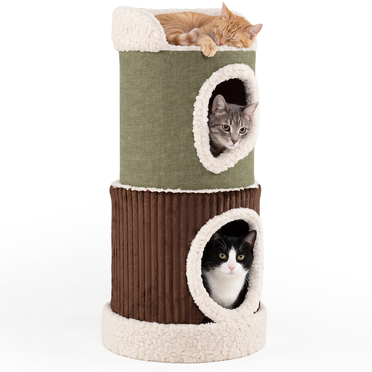 Barrel Cat House with two levels, one green and one brown, with cats inside and on top