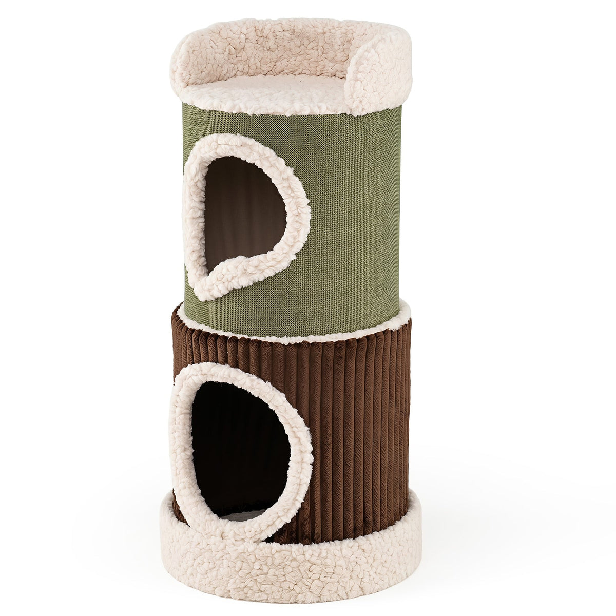 The green and brown barrel cat house with fluffy trim and two openings