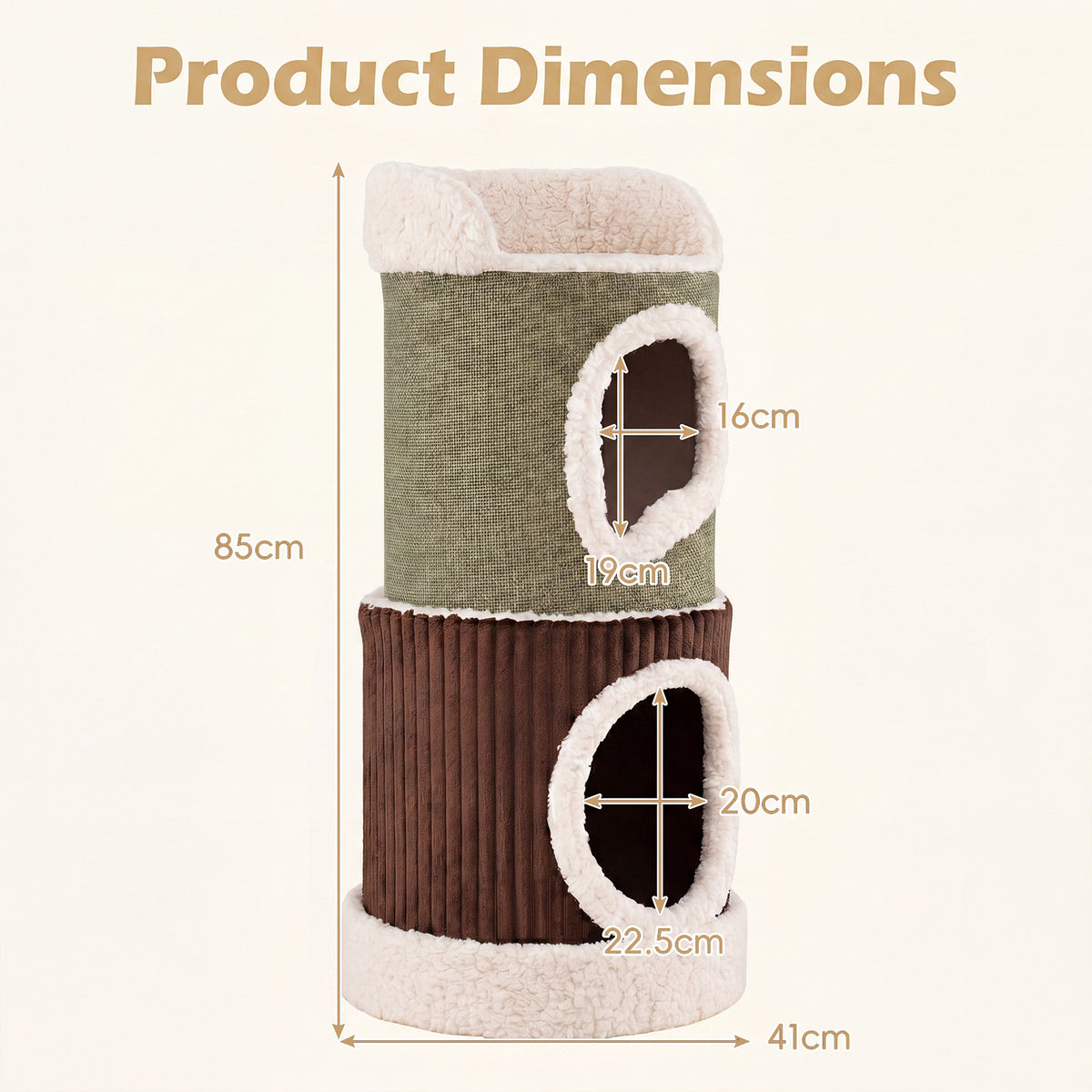 Product dimensions diagram showing height and width of the barrel cat house
