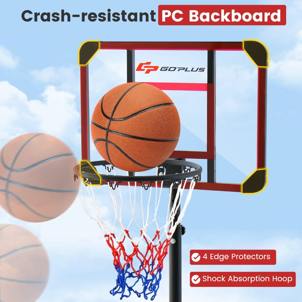 Close-up of the basketball hoop backboard and net, highlighting protective features