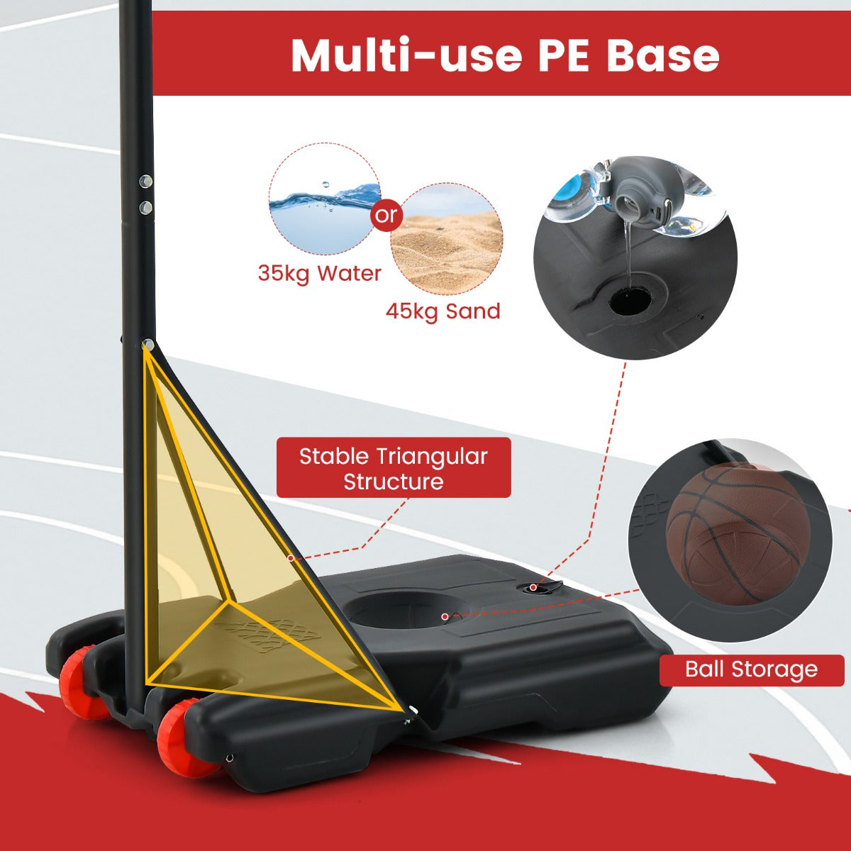 Close-up of the multi-use PE base for the basketball hoop, showing water and sand filling options