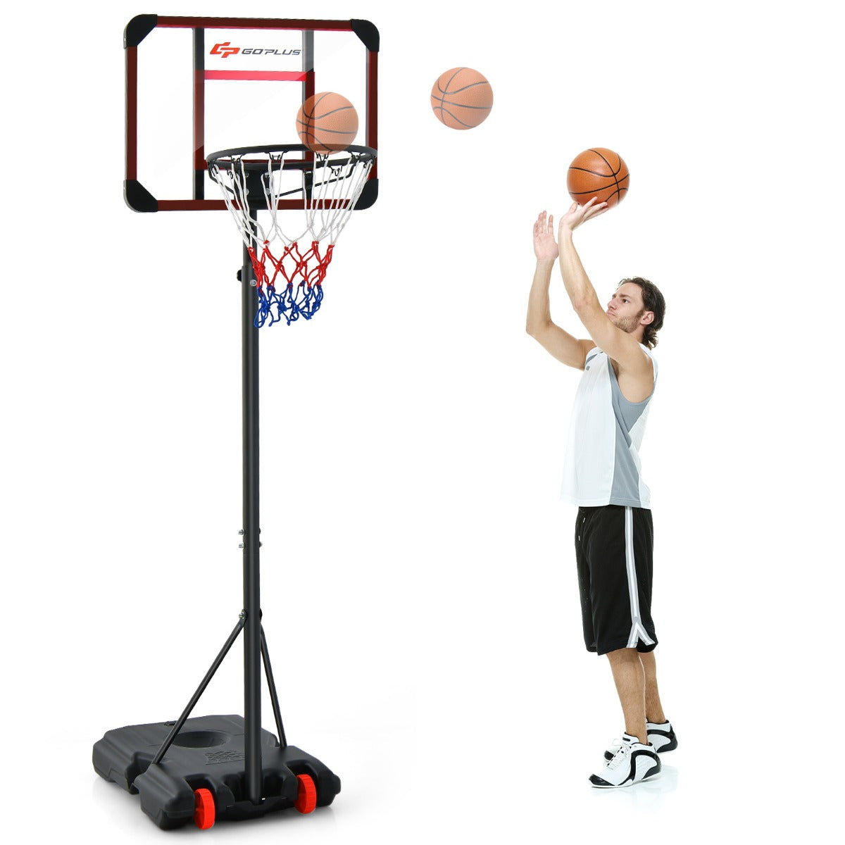 Basketball Hoop and Goal Set with wheel, a man shooting a basketball