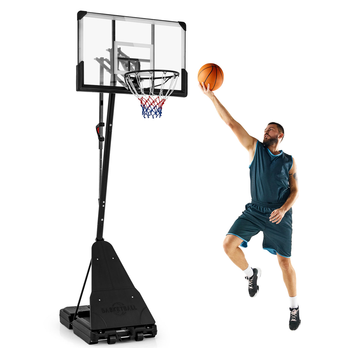 Man dunking a basketball on the adjustable hoop system