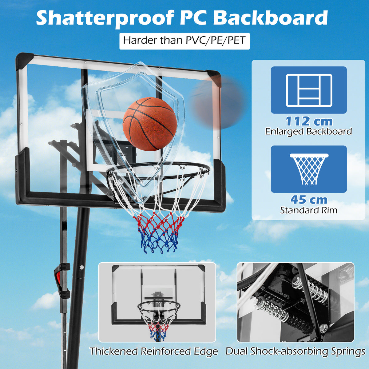 Close up of the shatterproof backboard and reinforced edge of the basketball hoop