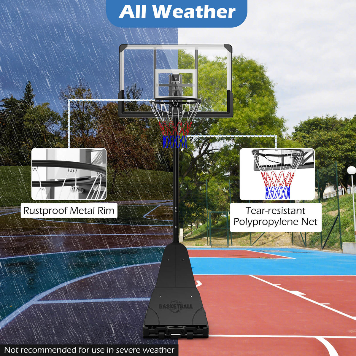 Close up of the basketball hoop system's rustproof rim and net in different weather