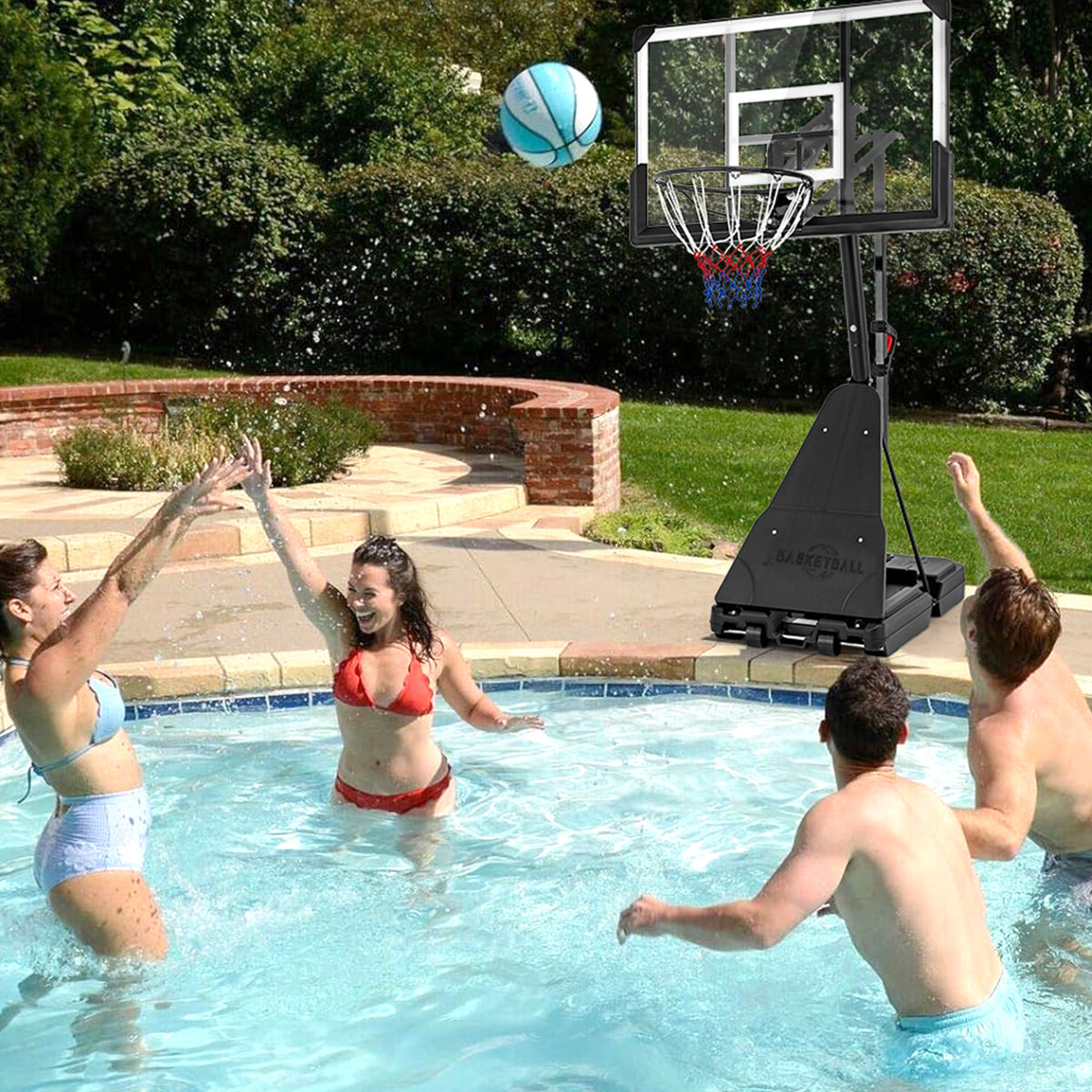 People playing basketball in a swimming pool with the hoop system