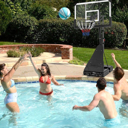 People playing basketball in a swimming pool with the hoop system