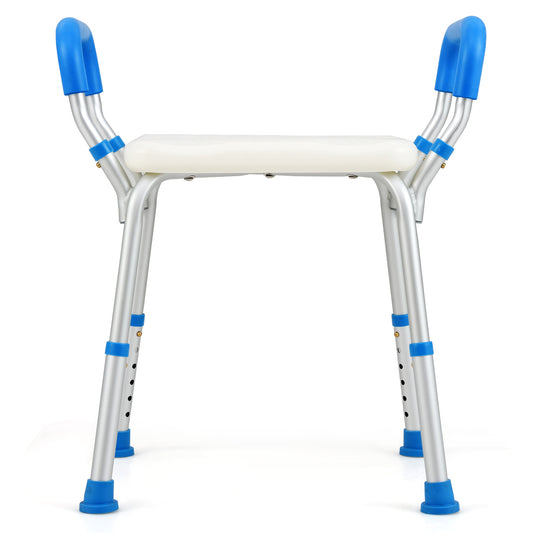 Bath Chair Shower Bench with Detachable Padded Arms in blue and white, shown from the front with adjustable legs