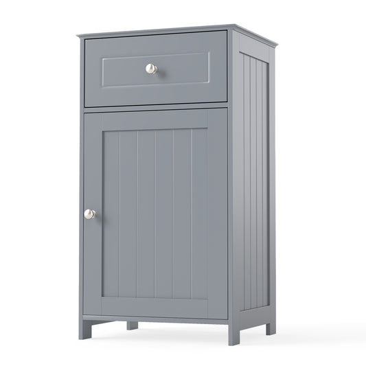 Bathroom Cabinet Floor Organizer with Single Door and Drawer in grey, shown from the front