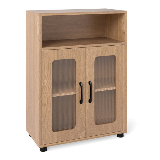 Bathroom Cabinet with an open top shelf and two doors featuring ribbed glass panels