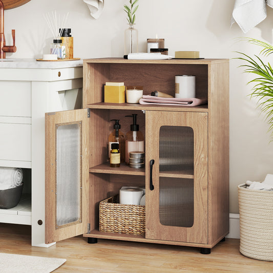 The floor cabinet placed in a bathroom with one door open showing internal storage