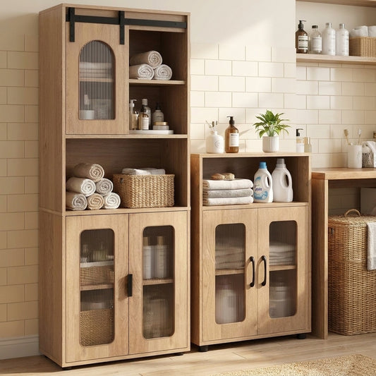 Bathroom Cabinet Set with two wooden units featuring fluted glass doors and open storage shelves