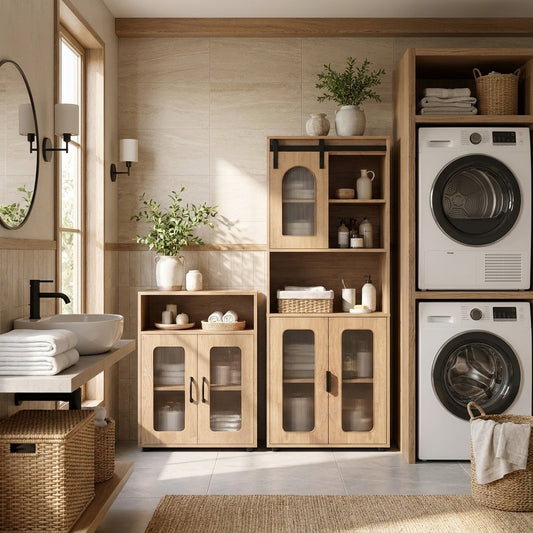 The floor cabinets placed in a bright bathroom next to a washing machine and a sink area