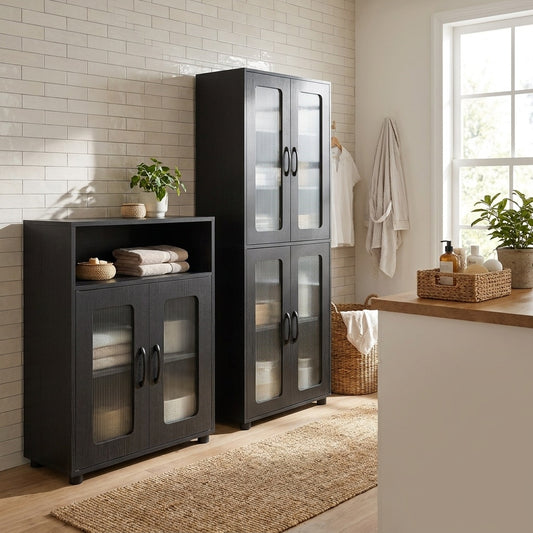 Bathroom Cabinet Set in black standing on a wooden floor in a bright bathroom with tiled walls