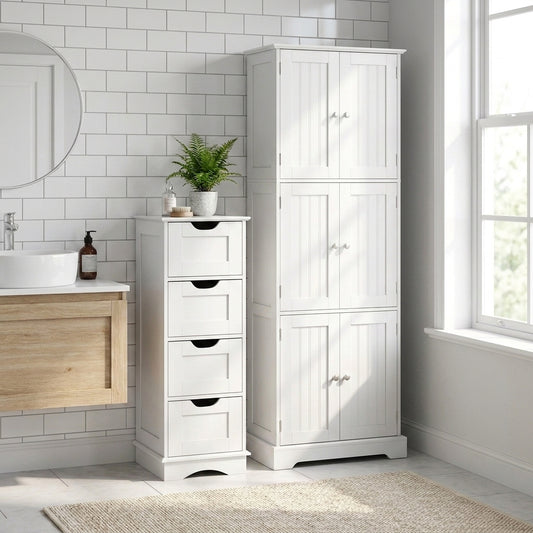 Bathroom Cabinet Set with 6-door tall cabinet and 4-drawer cabinet in white