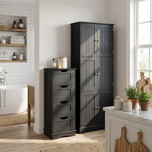 Bathroom Cabinet Set with 6-door tall cabinet and 4-drawer cabinet in black