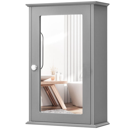 Bathroom Medicine Cabinet with Mirror and Adjustable Shelf, a grey wall cabinet with a mirrored door