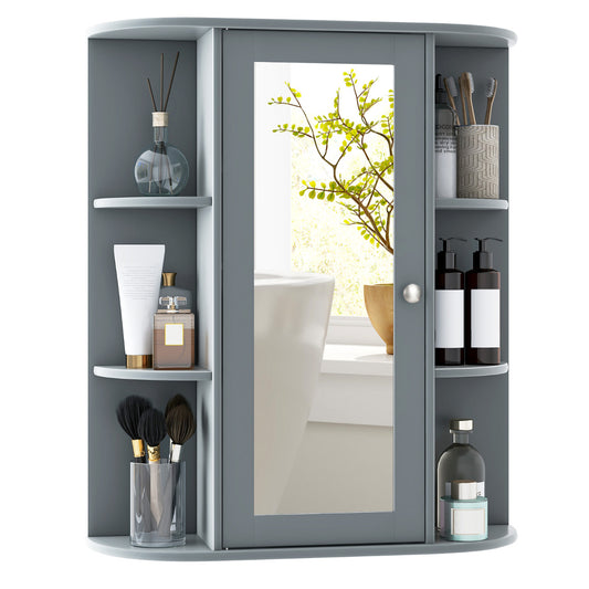 Bathroom Medicine Cabinet with Mirror with 3 Adjustable Shelves, a grey wall cabinet with a mirrored door and open side