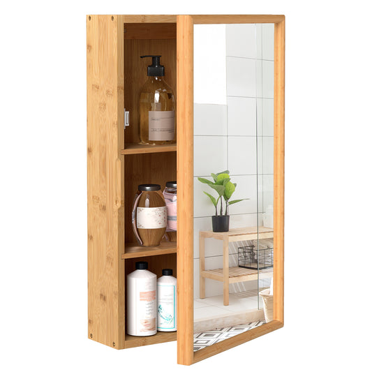 Bathroom Wall Cabinet with a mirrored door open to reveal three shelves filled with toiletries