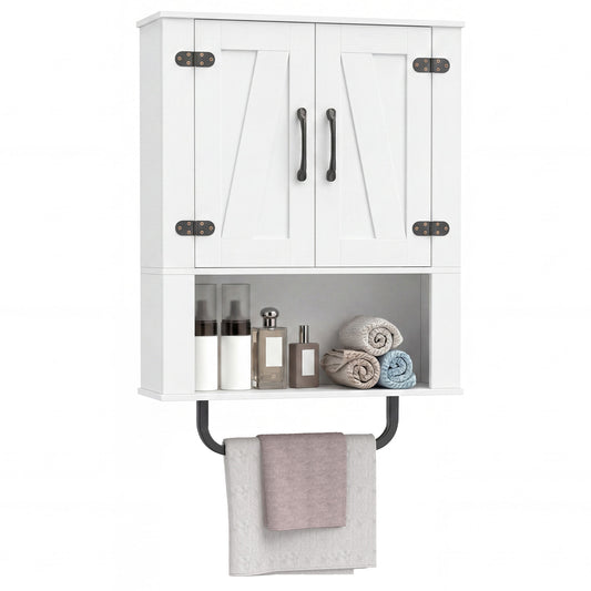 Bathroom Wall Cabinet a white farmhouse style organiser with two barn doors and a towel rail