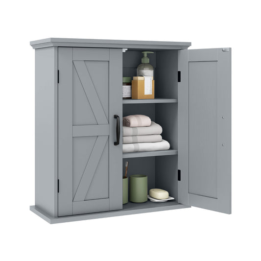Bathroom Wall Cabinet with 2 Doors and Adjustable Shelves in grey, open with shelves and toiletries inside