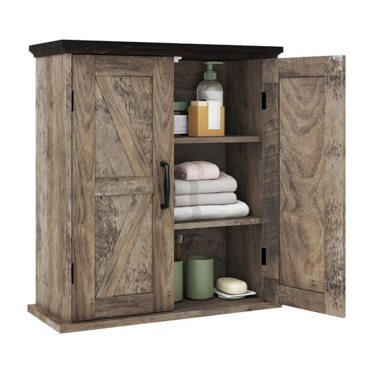 Bathroom Wall Cabinet with 2 Doors and Adjustable Shelves, rustic brown finish, open with items inside