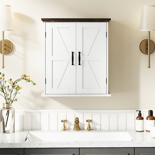 The wall cabinet mounted on a bathroom wall above a sink with two lamps on either side