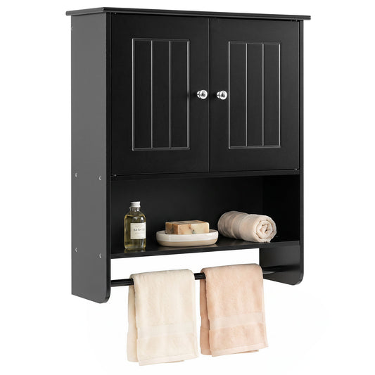 Bathroom Wall Cabinet with 2 doors, open shelf and towel bar in black