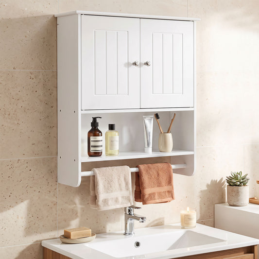 White bathroom cabinet with two doors and a towel rail above a sink