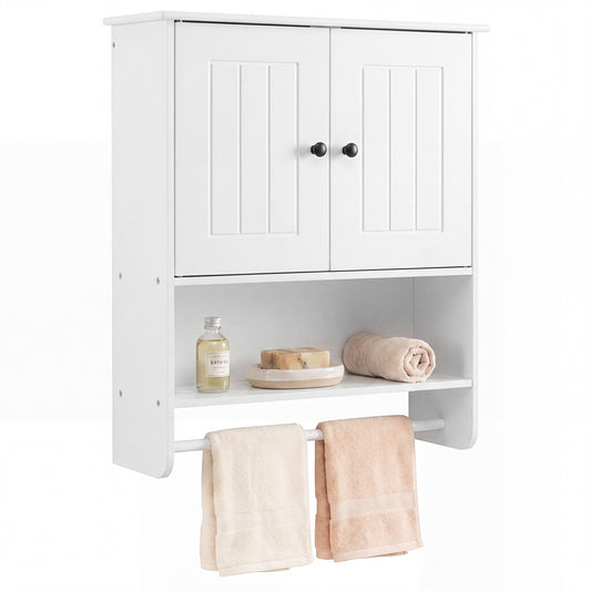 Bathroom Wall Cabinet with 2 doors, open shelf and towel bar in white
