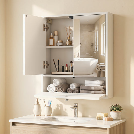 The wall cabinet mounted above a sink with doors open showing toiletries and rolled towels