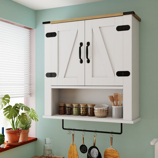 The bathroom wall cabinet with barn doors, shown mounted above a sink and filled with jars and utensils