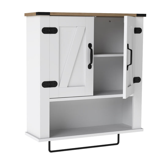 Bathroom Wall Cabinet with Barn Doors and Adjustable Shelf, a white cabinet with two barn style doors and a towel rail