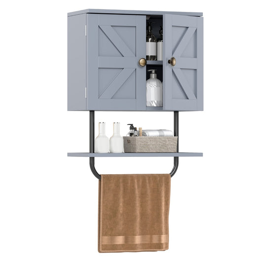 Bathroom Wall Cabinet with double doors, open shelf and a towel rack holding a brown towel