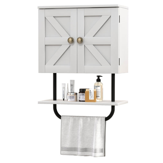 Bathroom Wall Cabinet with double door and open shelf and towel rack in white