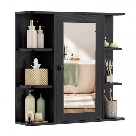 Bathroom Wall Cabinet with Mirror 3 Internal Shelves in black, showing the cabinet mounted on a wall above a bathtub