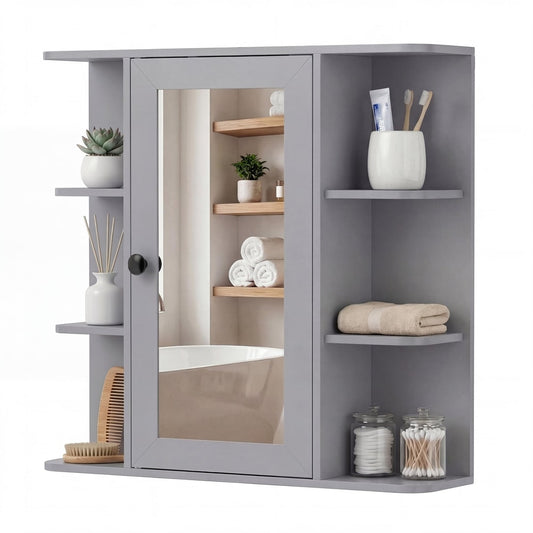 Bathroom Wall Cabinet with Mirror 3 Internal Shelves grey cabinet with a mirrored door and open shelves displaying toiletries
