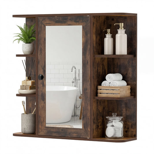 Bathroom Wall Cabinet with Mirror 3 Internal Shelves mounted on a white tiled wall above a bathtub