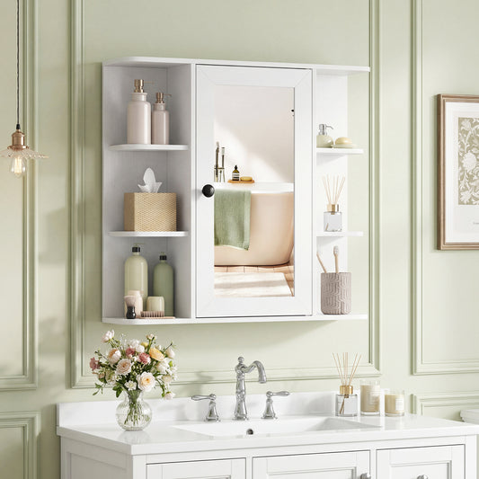 The wall cabinet mounted above a bathroom sink with various accessories displayed on the shelves