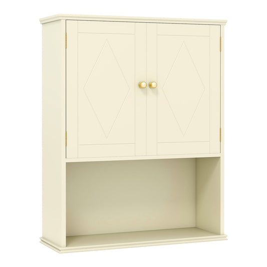 Bathroom Wall Cabinet with Open Shelf and Adjustable Shelf in beige with two doors and an open shelf below