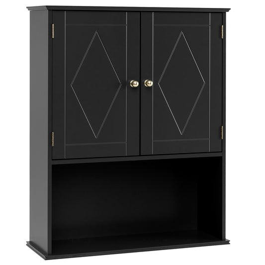 Bathroom Wall Cabinet with Open Shelf and Adjustable Shelf in black with two doors and gold knobs