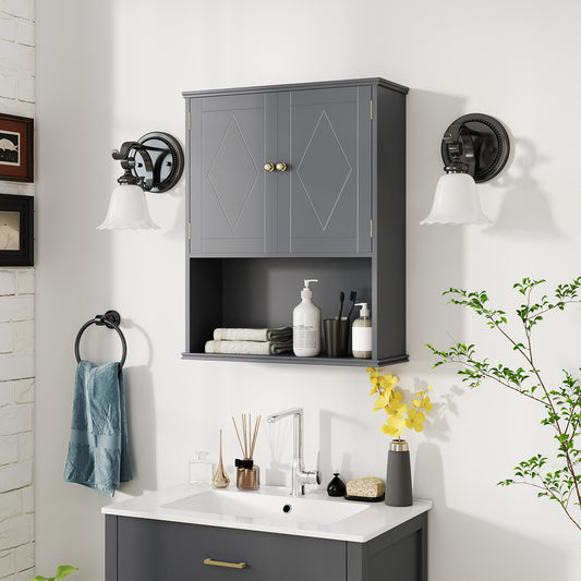 Grey bathroom wall cabinet with open shelf, shown above a sink in a bathroom setting
