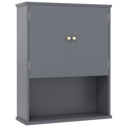 Bathroom Wall Cabinet with Open Shelf and Adjustable Shelf in grey, showing the front with two doors and an open shelf below