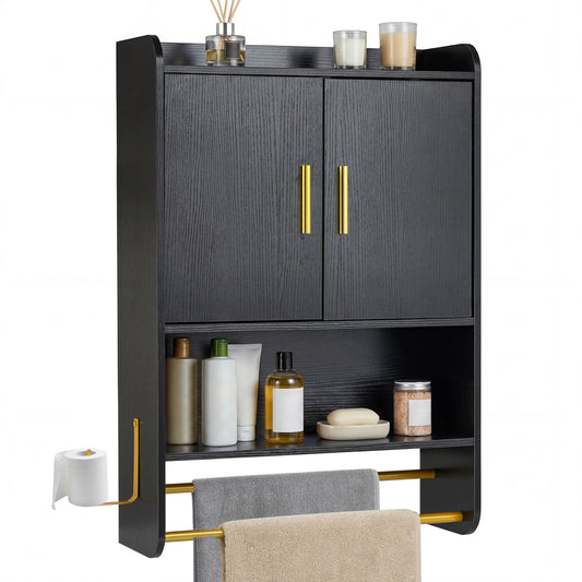 Bathroom Wall Cabinet with Open Shelves and Adjustable Shelf showing toiletries and hanging towels
