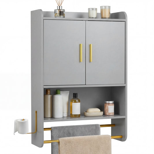 Bathroom Wall Cabinet with Open Shelves and Adjustable Shelf showing toiletries and towels