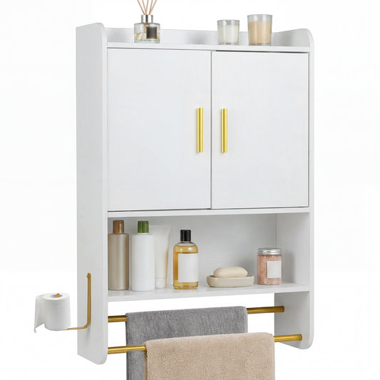 Bathroom Wall Cabinet with Open Shelves and Adjustable Shelf, a white cabinet with gold handles and towel rails