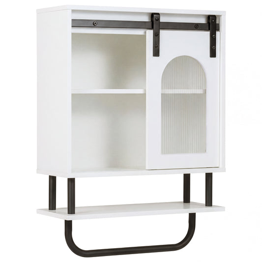 Bathroom Wall Cabinet with sliding barn door and metal hanging bar in white
