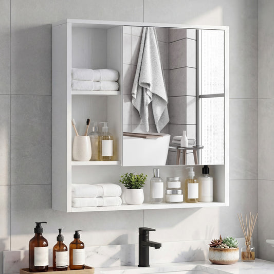 The wall cabinet mounted above a bathroom sink with towels and various skincare bottles on shelves
