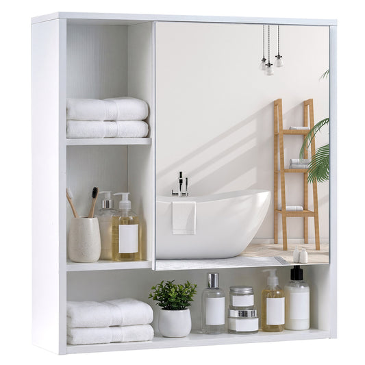 Bathroom Wall Mirror Cabinet with white shelves holding towels and toiletries against a plain background